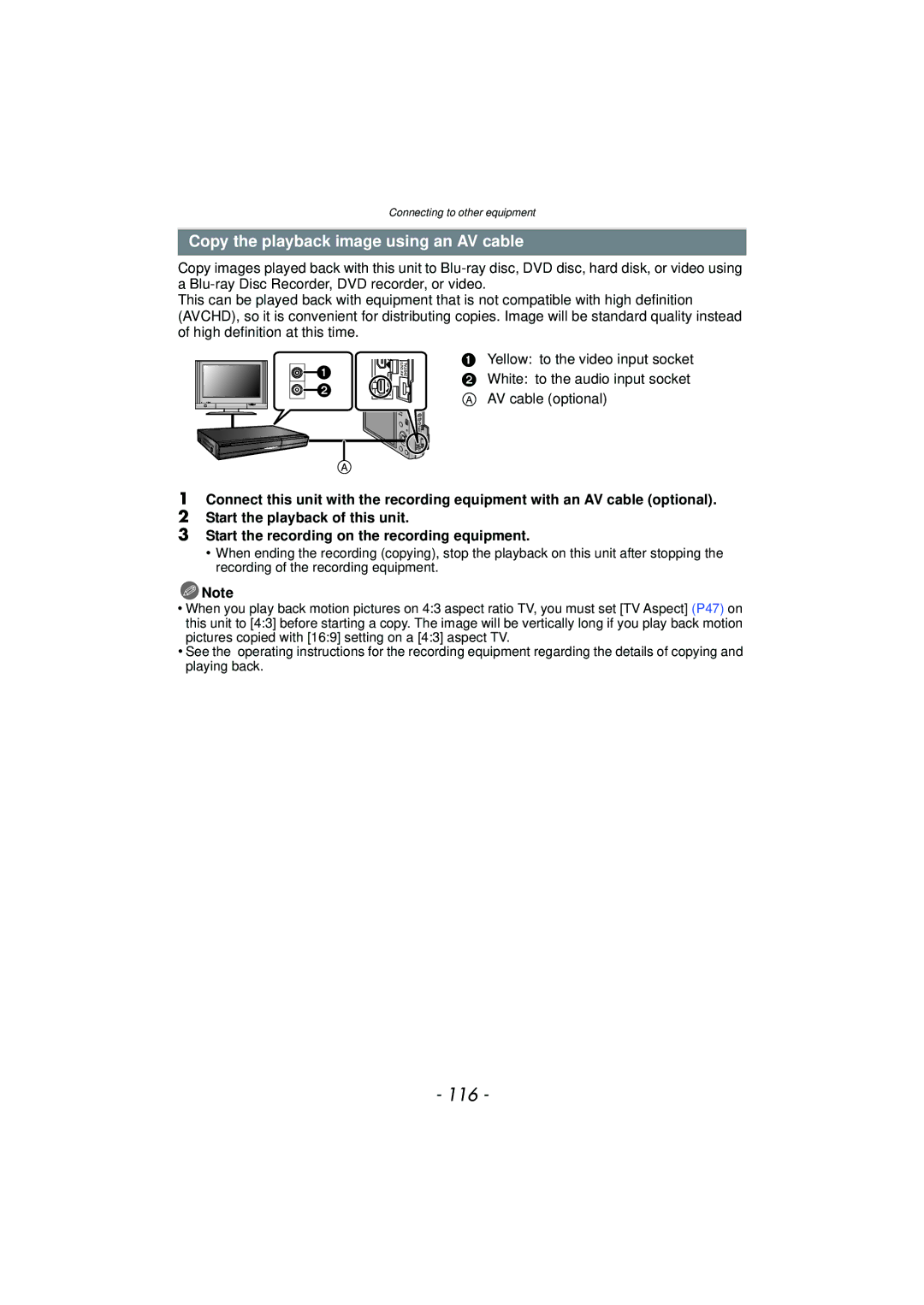 Panasonic DMC-SZ7 owner manual 116, Copy the playback image using an AV cable 