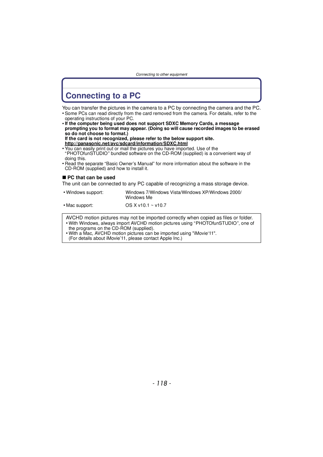 Panasonic DMC-SZ7 owner manual Connecting to a PC, 118, PC that can be used 