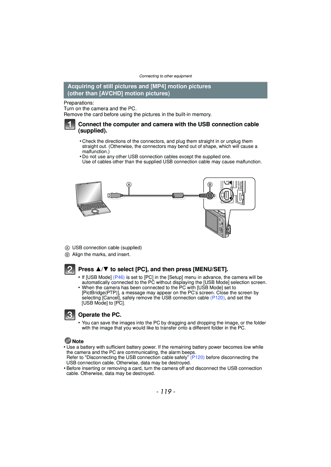 Panasonic DMC-SZ7 owner manual 119, Press 3/4 to select PC, and then press MENU/SET, Operate the PC 