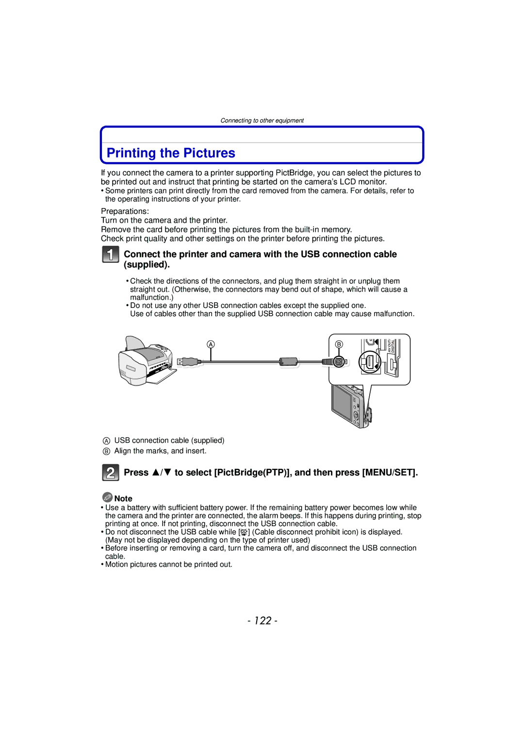 Panasonic DMC-SZ7 owner manual Printing the Pictures, 122, Press 3/4 to select PictBridgePTP, and then press MENU/SET 