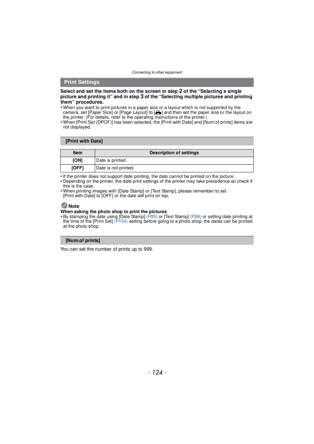 Panasonic DMC-SZ7 owner manual 124, Print Settings, Print with Date, Num.of prints, You can set the number of prints up to 