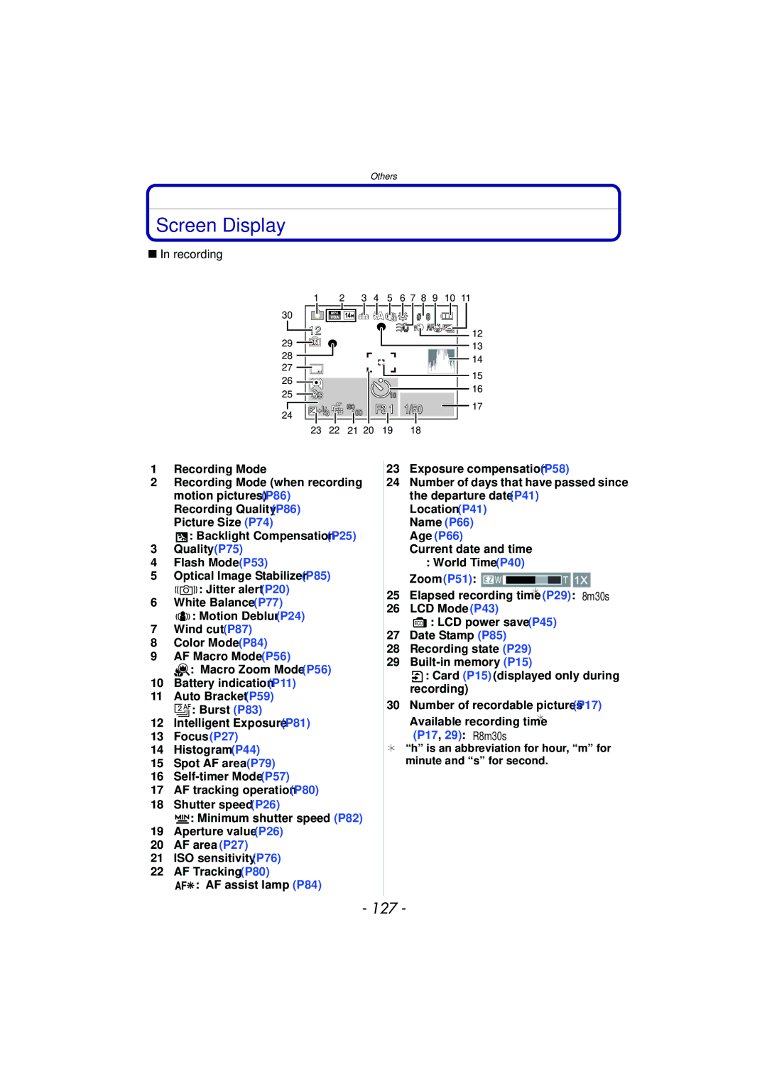 Panasonic DMC-SZ7 owner manual Screen Display, 127, Recording 