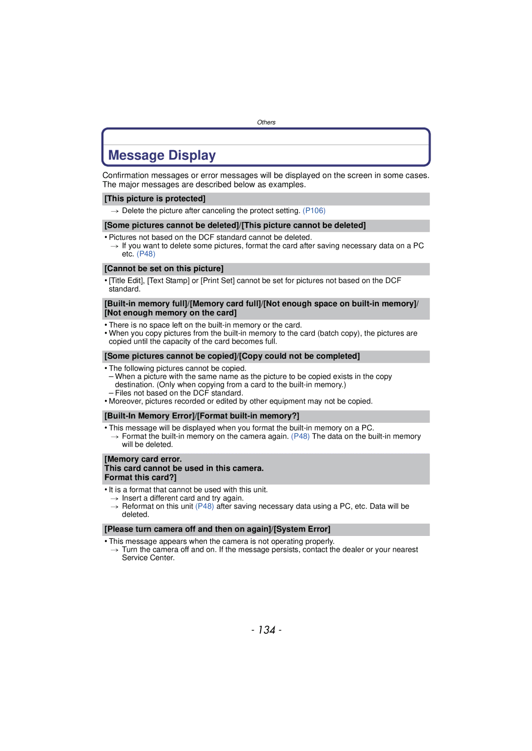 Panasonic DMC-SZ7 owner manual Message Display, 134 