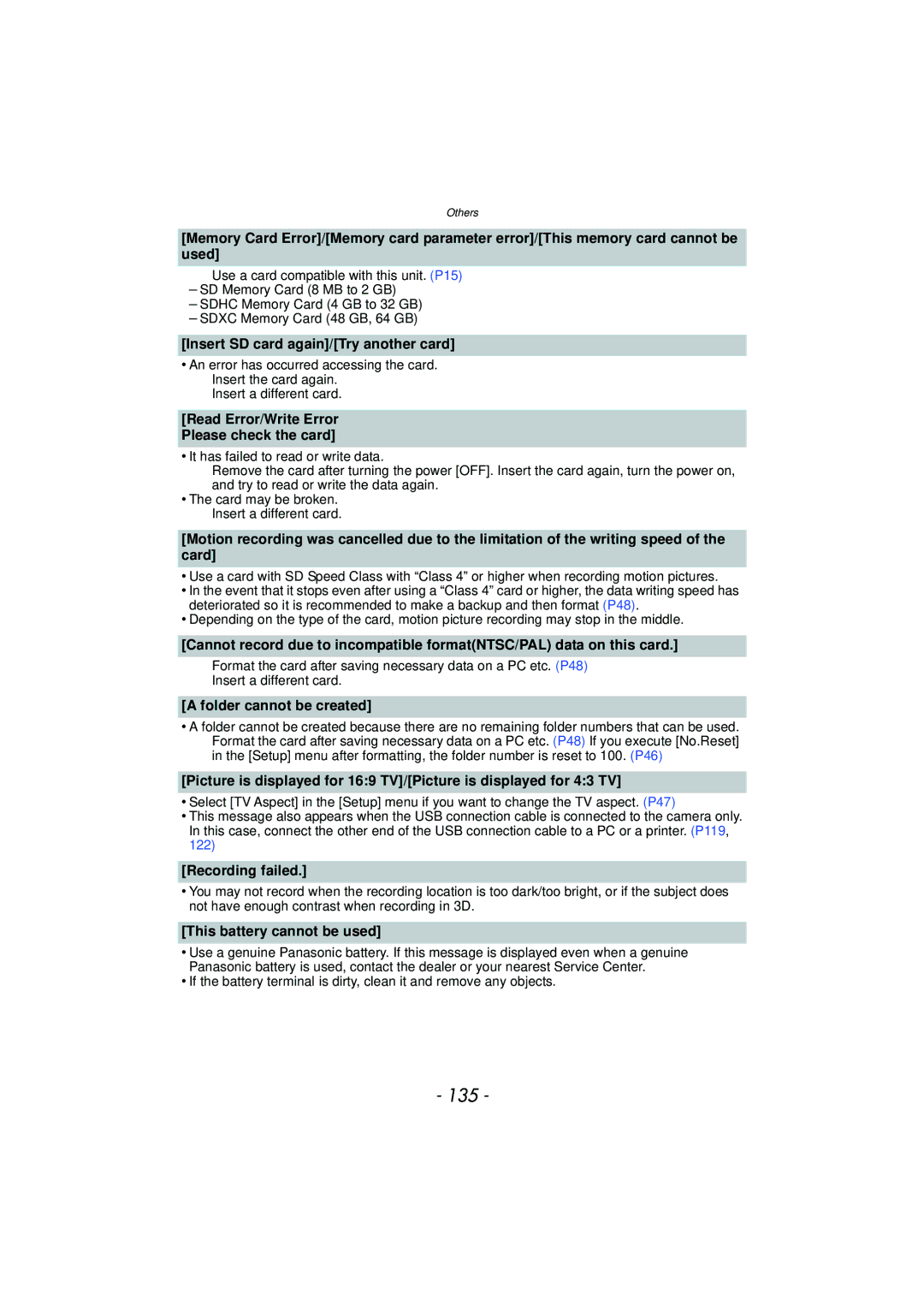 Panasonic DMC-SZ7 owner manual 135, Insert SD card again/Try another card, Folder cannot be created, Recording failed 