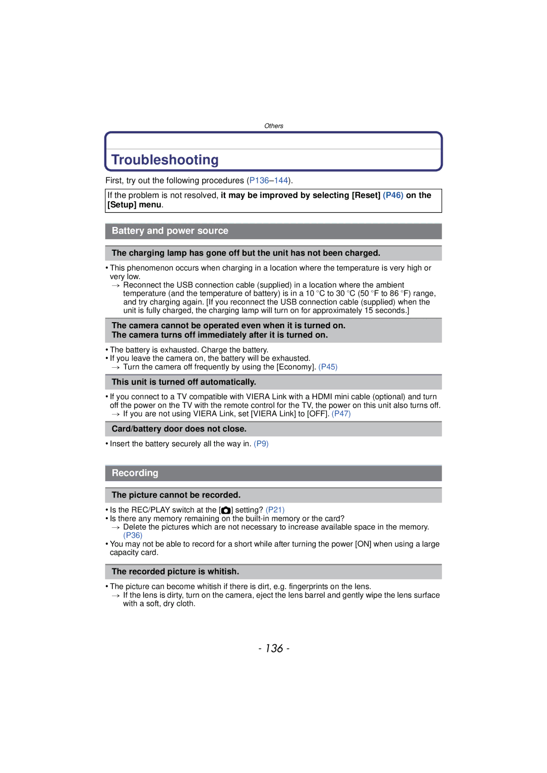 Panasonic DMC-SZ7 owner manual Troubleshooting, 136, Battery and power source, Recording 