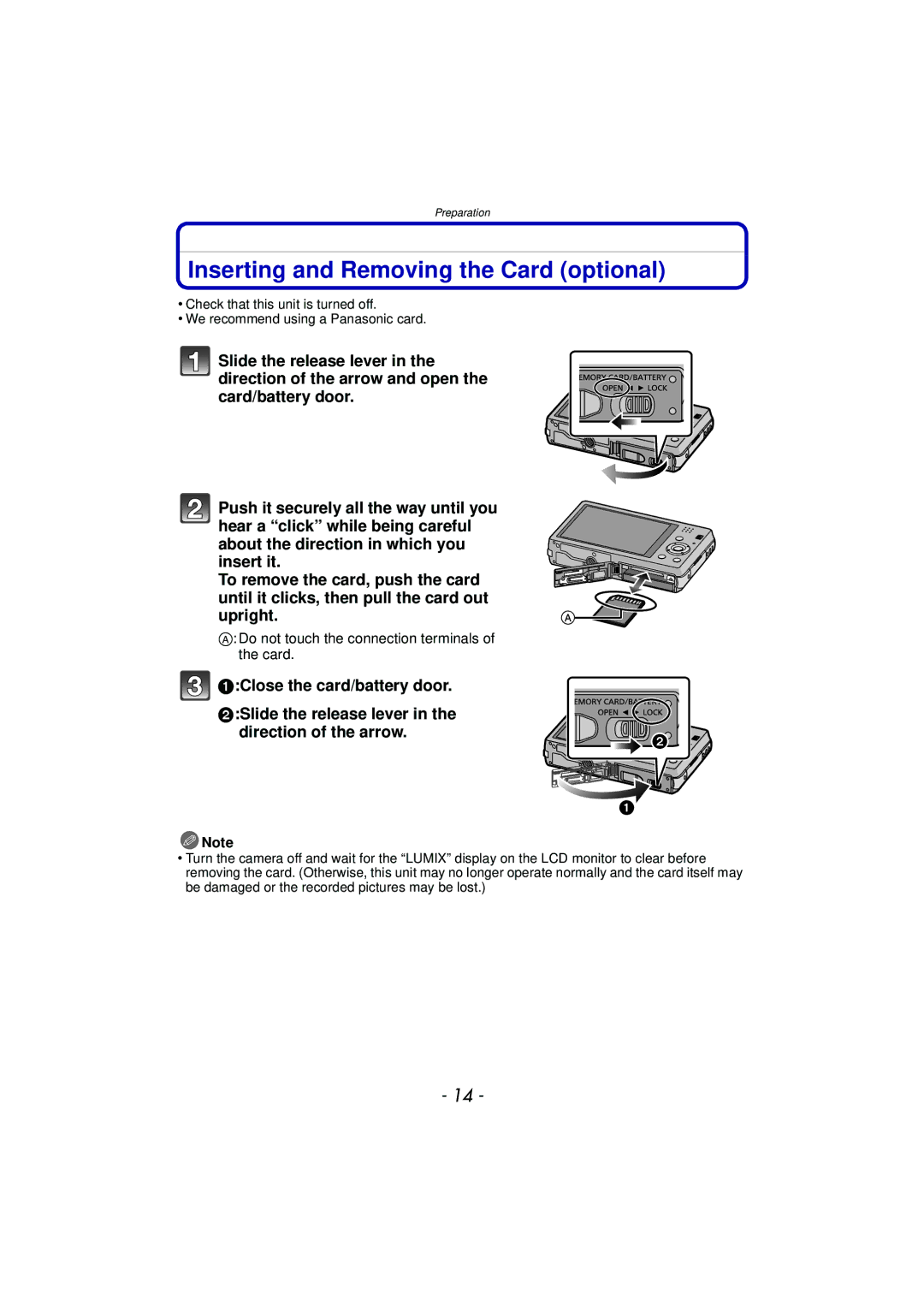 Panasonic DMC-SZ7 owner manual Inserting and Removing the Card optional, Do not touch the connection terminals of the card 