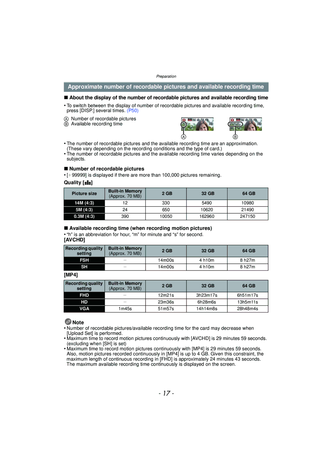 Panasonic DMC-SZ7 owner manual Number of recordable pictures, Available recording time when recording motion pictures, MP4 