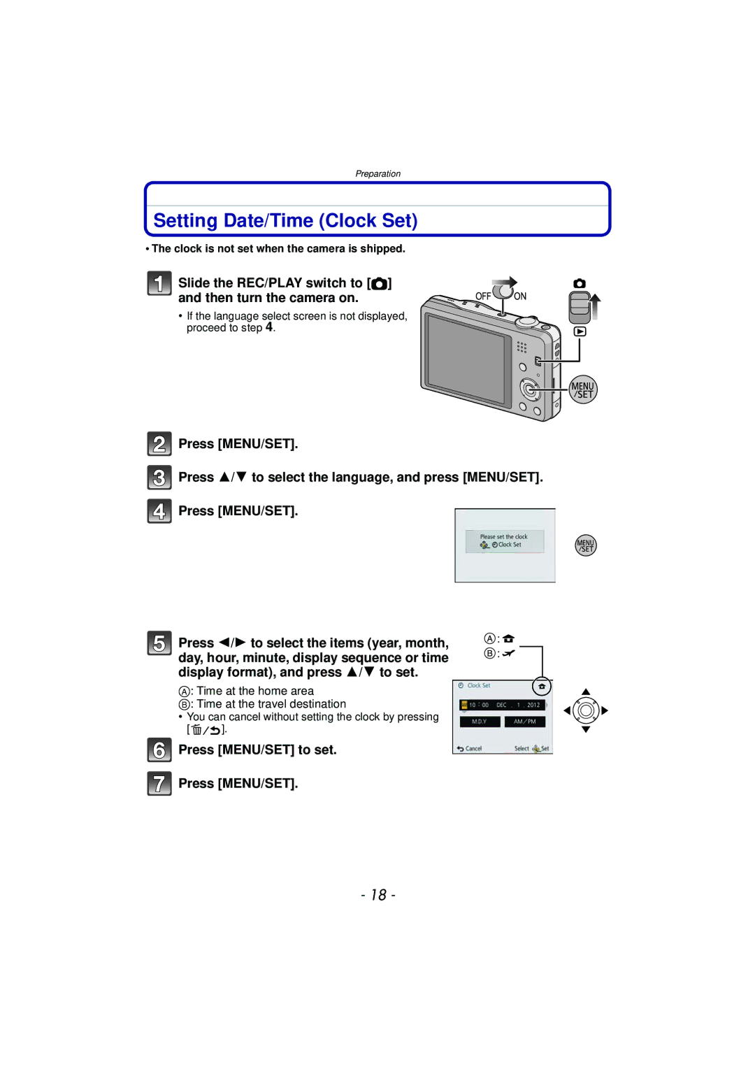 Panasonic DMC-SZ7 owner manual Setting Date/Time Clock Set, Slide the REC/PLAY switch to ! and then turn the camera on 