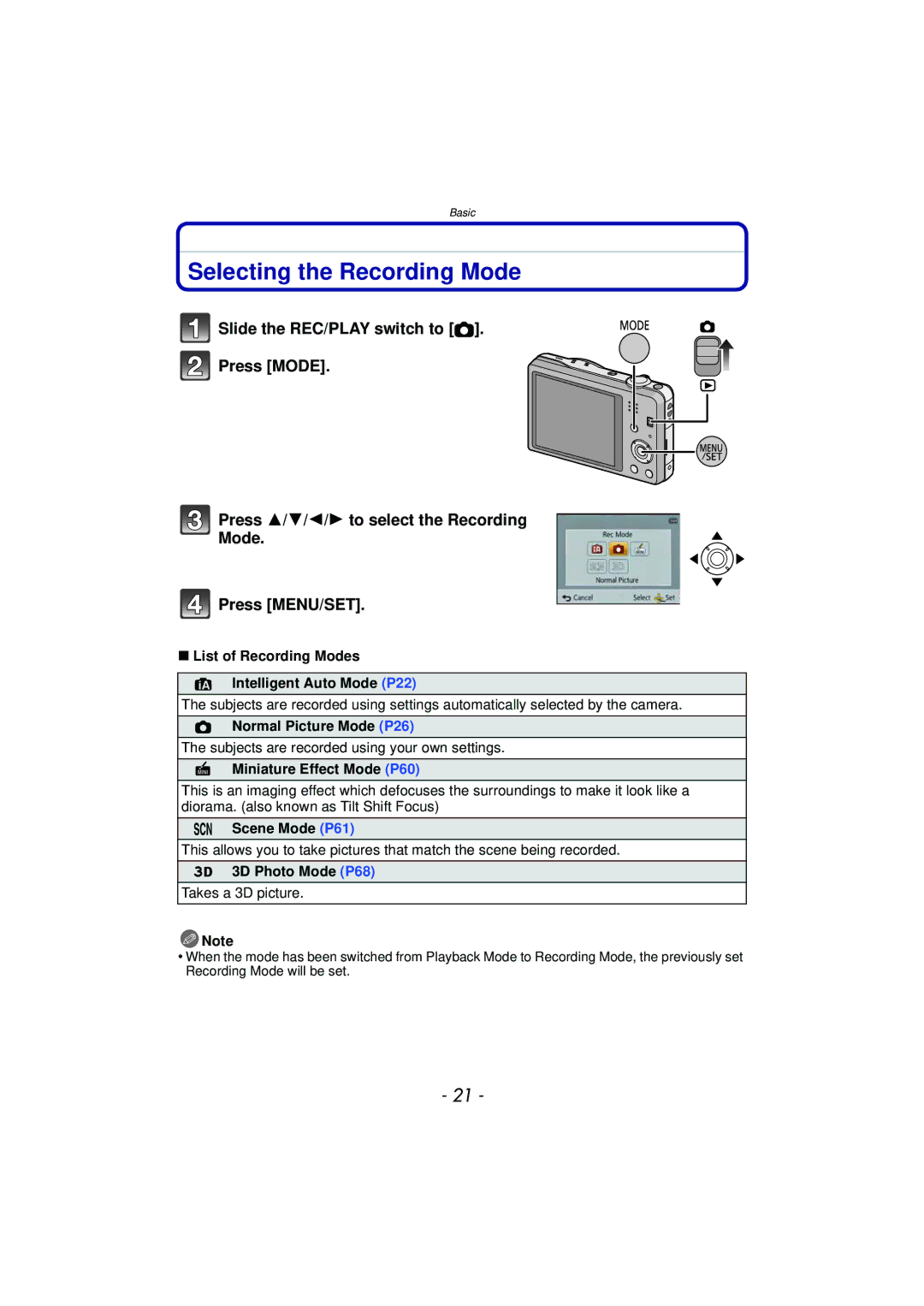 Panasonic DMC-SZ7 owner manual Selecting the Recording Mode 