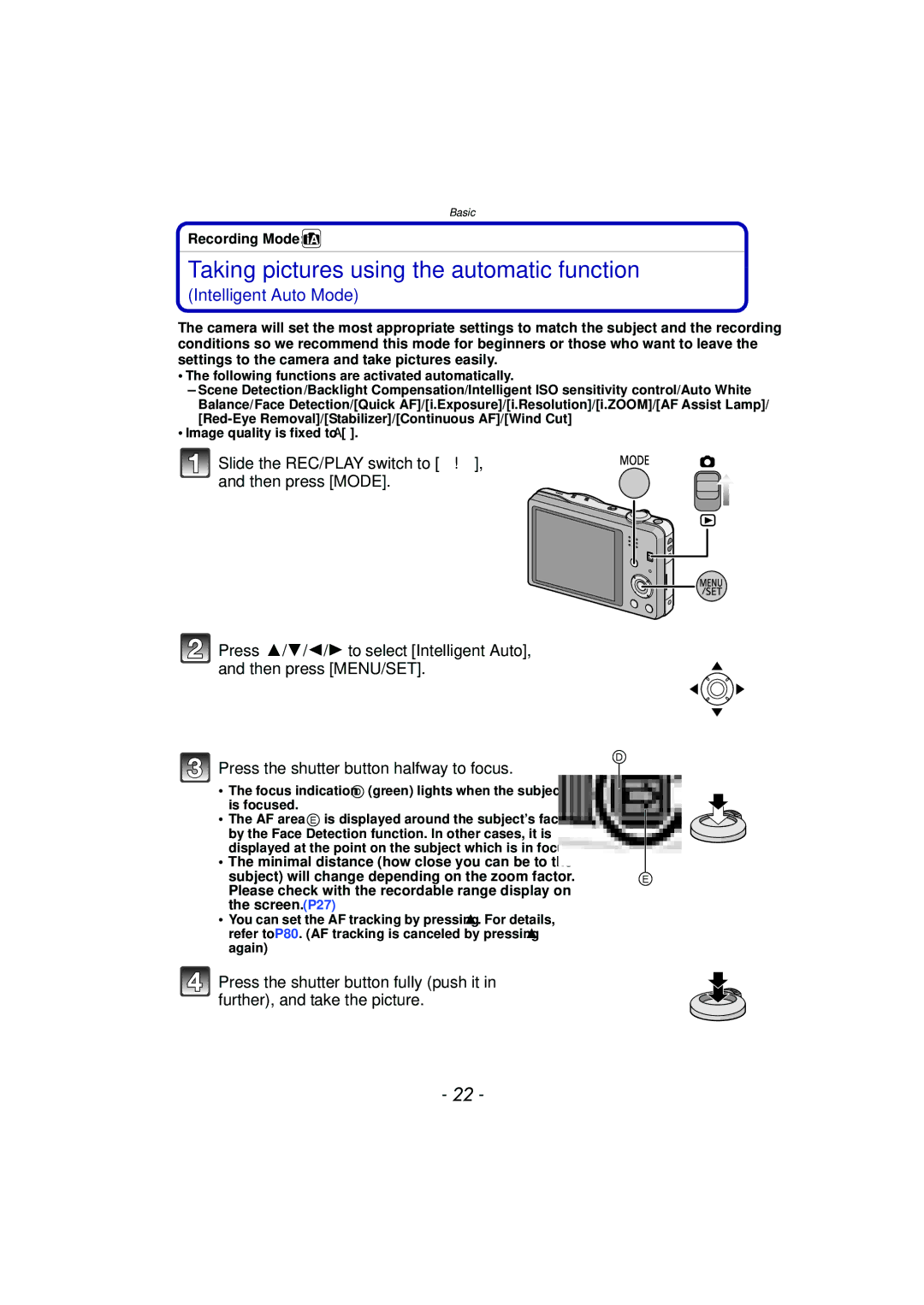 Panasonic DMC-SZ7 owner manual Taking pictures using the automatic function, Recording Mode 