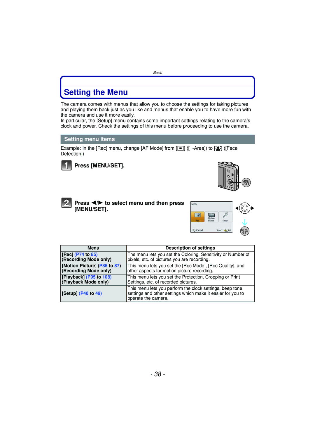 Panasonic DMC-SZ7 owner manual Setting the Menu, Setting menu items 