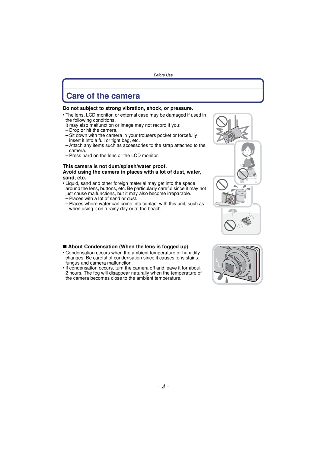 Panasonic DMC-SZ7 owner manual Care of the camera, Do not subject to strong vibration, shock, or pressure 