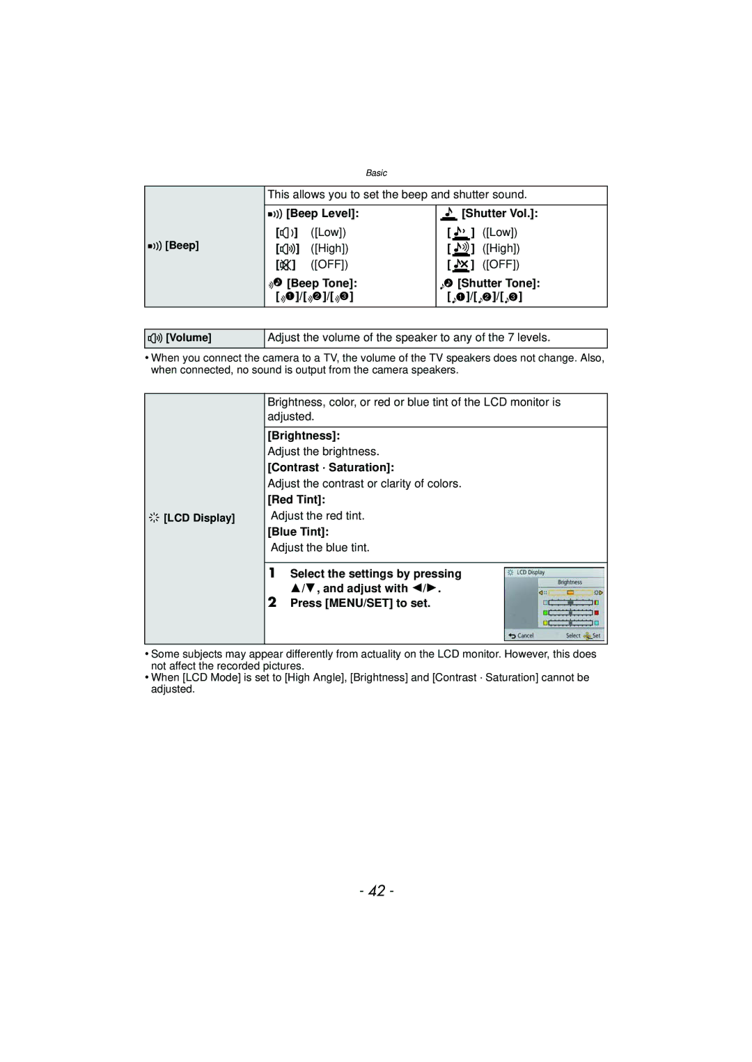 Panasonic DMC-SZ7 Beep Level, Beep Tone 1 / 2 Shutter Vol, High, Brightness, Contrast · Saturation, Red Tint, Blue Tint 