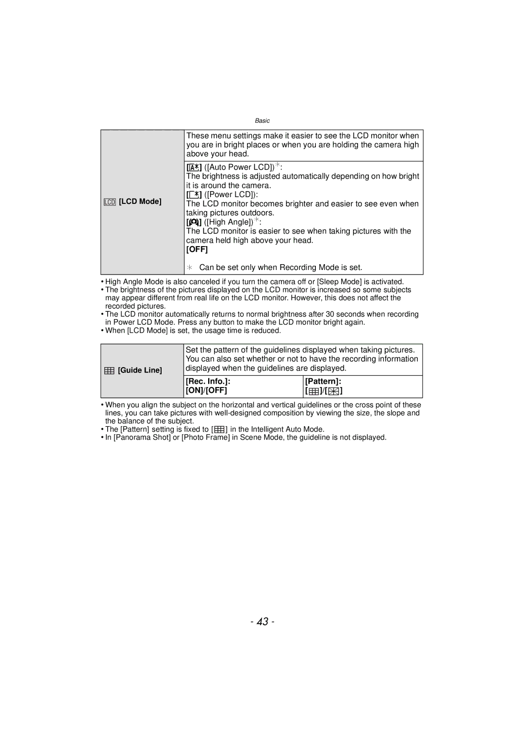 Panasonic DMC-SZ7 owner manual ¢ Can be set only when Recording Mode is set, Rec. Info Pattern ON/OFF, LCD Mode, Guide Line 