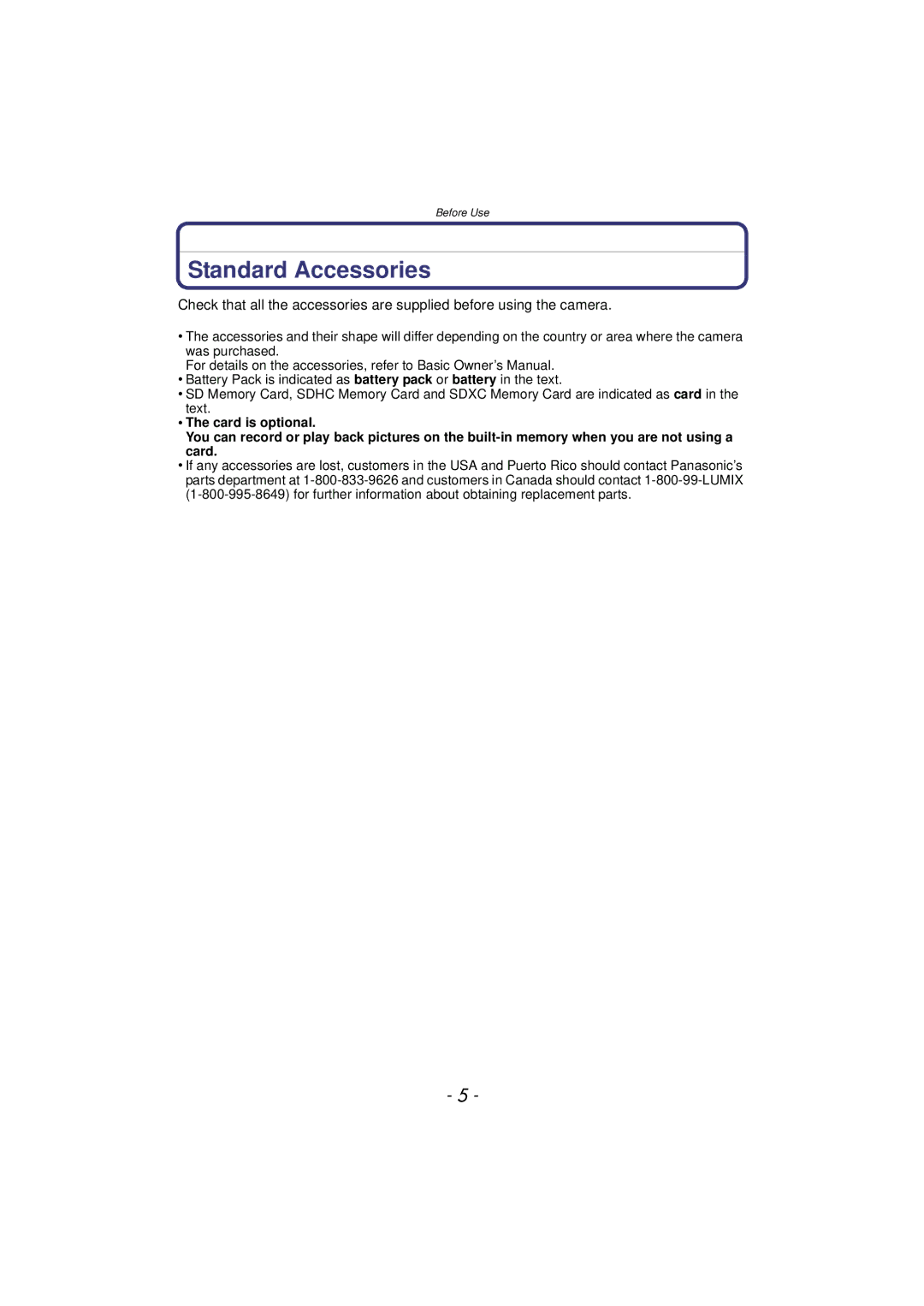 Panasonic DMC-SZ7 owner manual Standard Accessories 