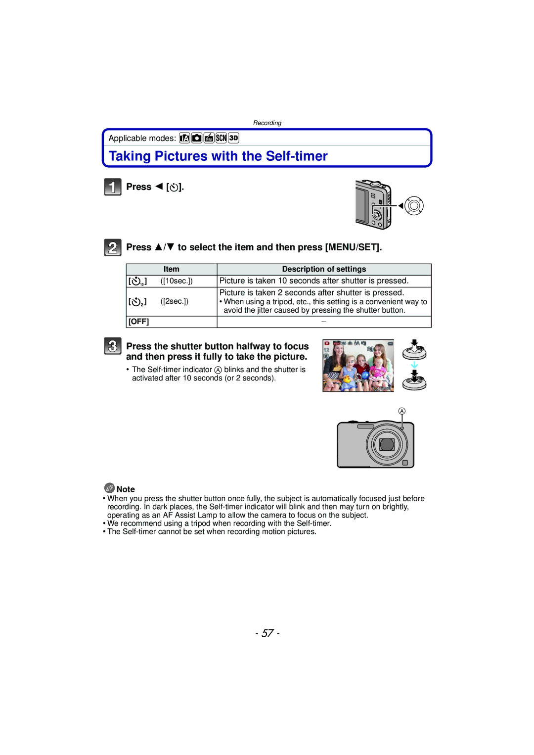 Panasonic DMC-SZ7 owner manual Taking Pictures with the Self-timer, Picture is taken 10 seconds after shutter is pressed 