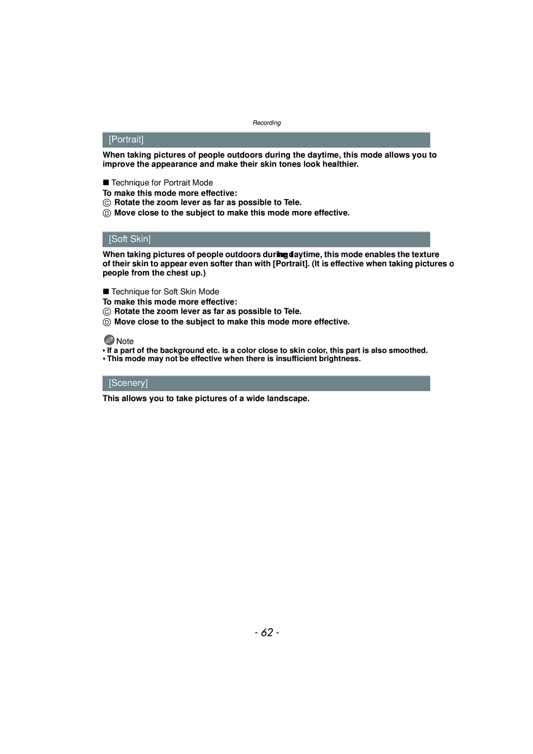 Panasonic DMC-SZ7 owner manual Portrait, Soft Skin, Scenery, This allows you to take pictures of a wide landscape 