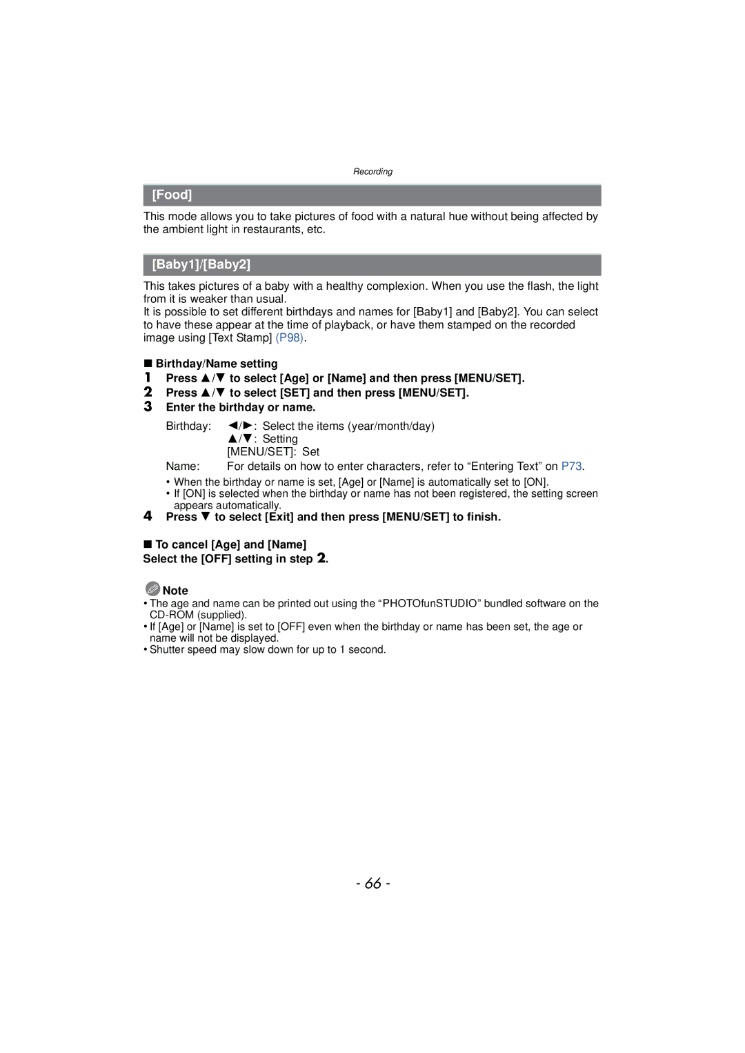 Panasonic DMC-SZ7 owner manual Food, Baby1/Baby2, Press 4 to select Exit and then press MENU/SET to finish 