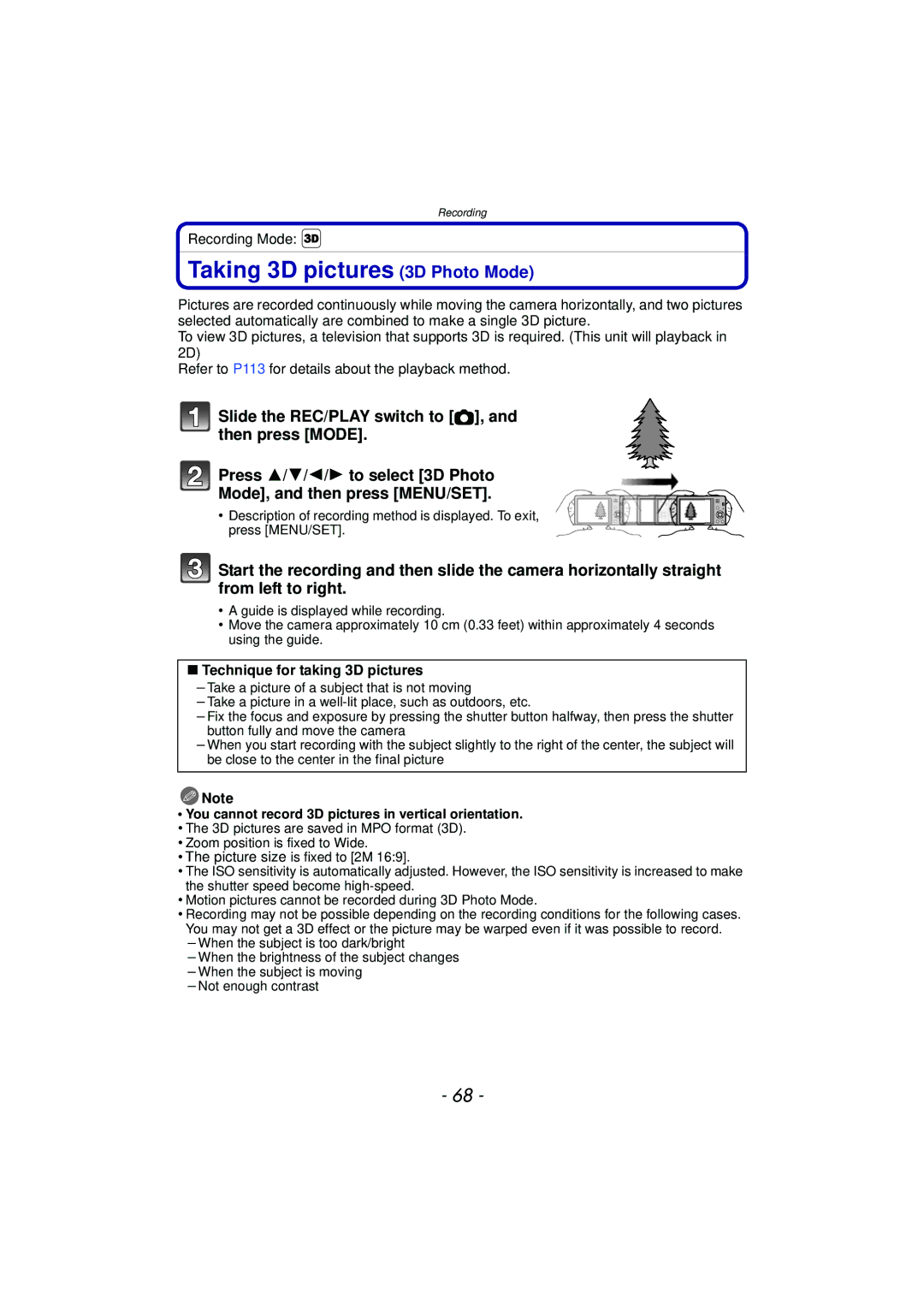 Panasonic DMC-SZ7 owner manual Taking 3D pictures 3D Photo Mode, Technique for taking 3D pictures 