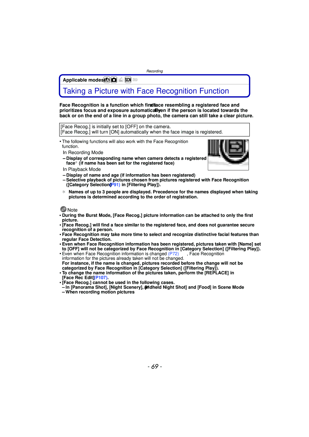 Panasonic DMC-SZ7 owner manual Taking a Picture with Face Recognition Function, Applicable modes 