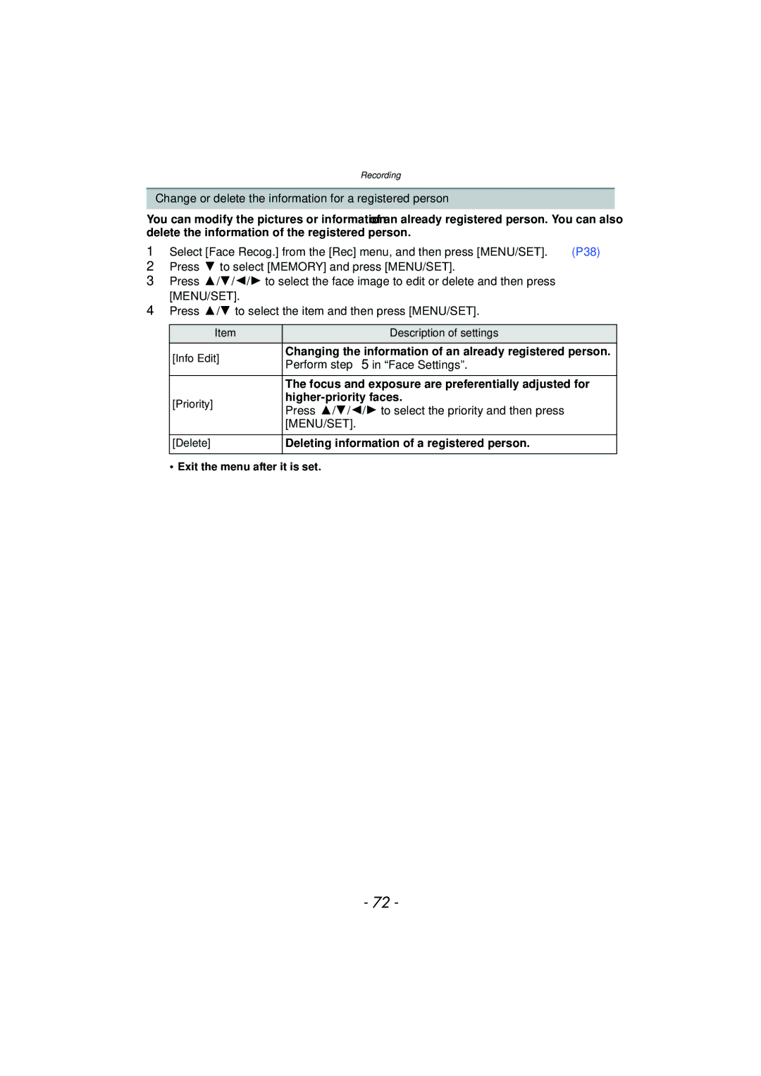 Panasonic DMC-SZ7 owner manual Change or delete the information for a registered person, Perform in Face Settings 