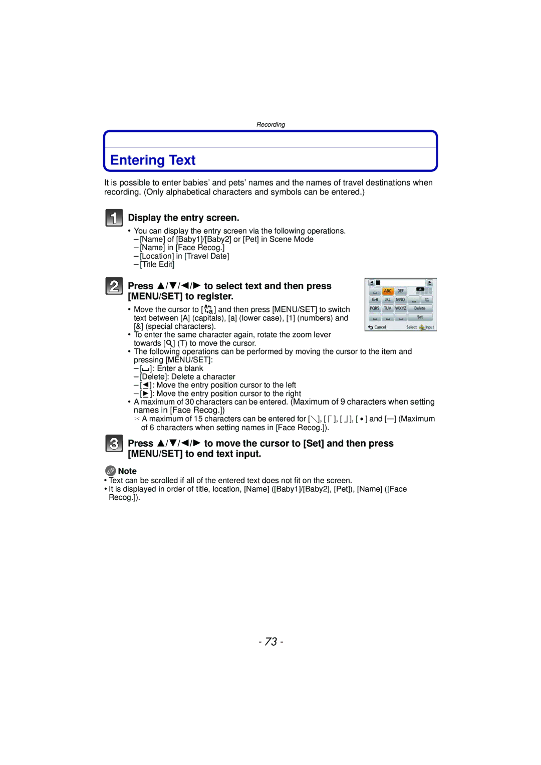 Panasonic DMC-SZ7 owner manual Entering Text, Display the entry screen 