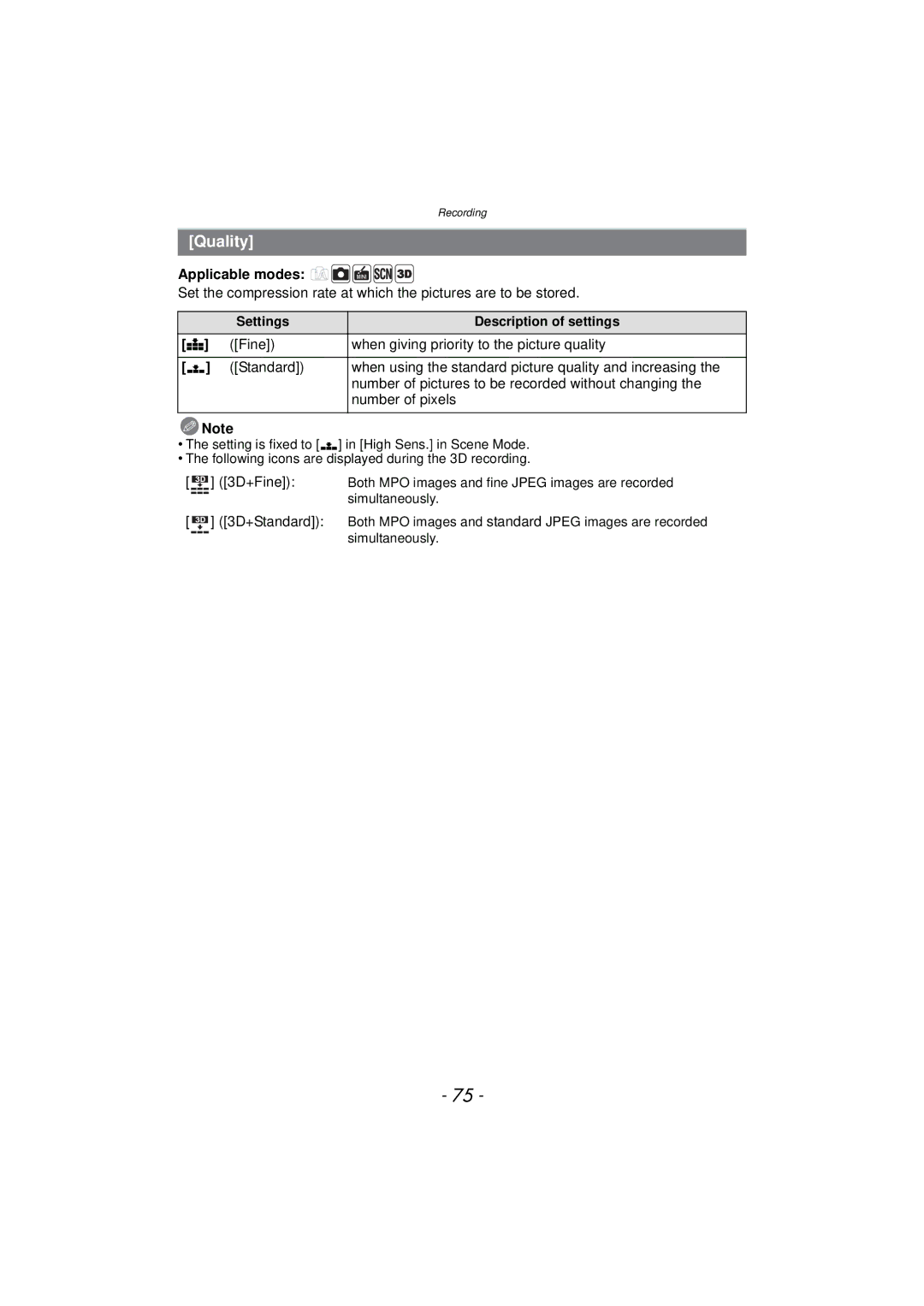 Panasonic DMC-SZ7 owner manual Quality, Settings Description of settings 