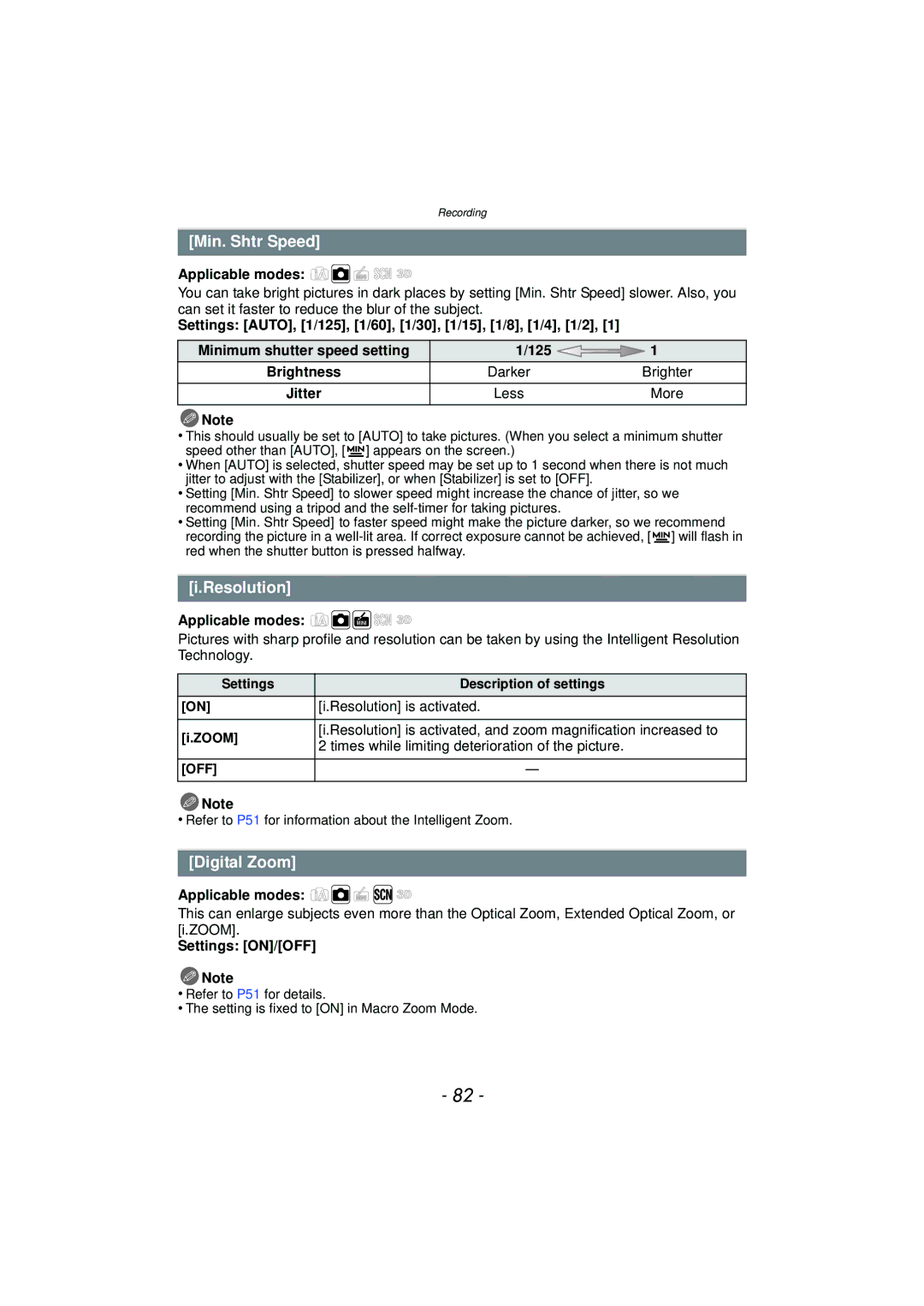 Panasonic DMC-SZ7 owner manual Min. Shtr Speed, Resolution, Digital Zoom 