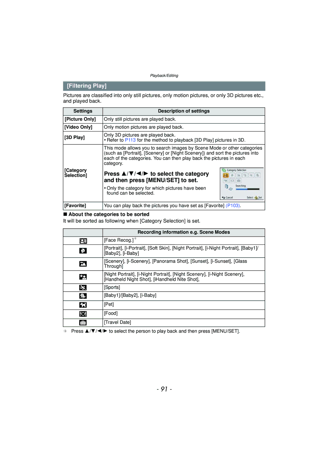 Panasonic DMC-SZ7 owner manual Filtering Play, Press 3/4/2/1 to select the category, Then press MENU/SET to set 