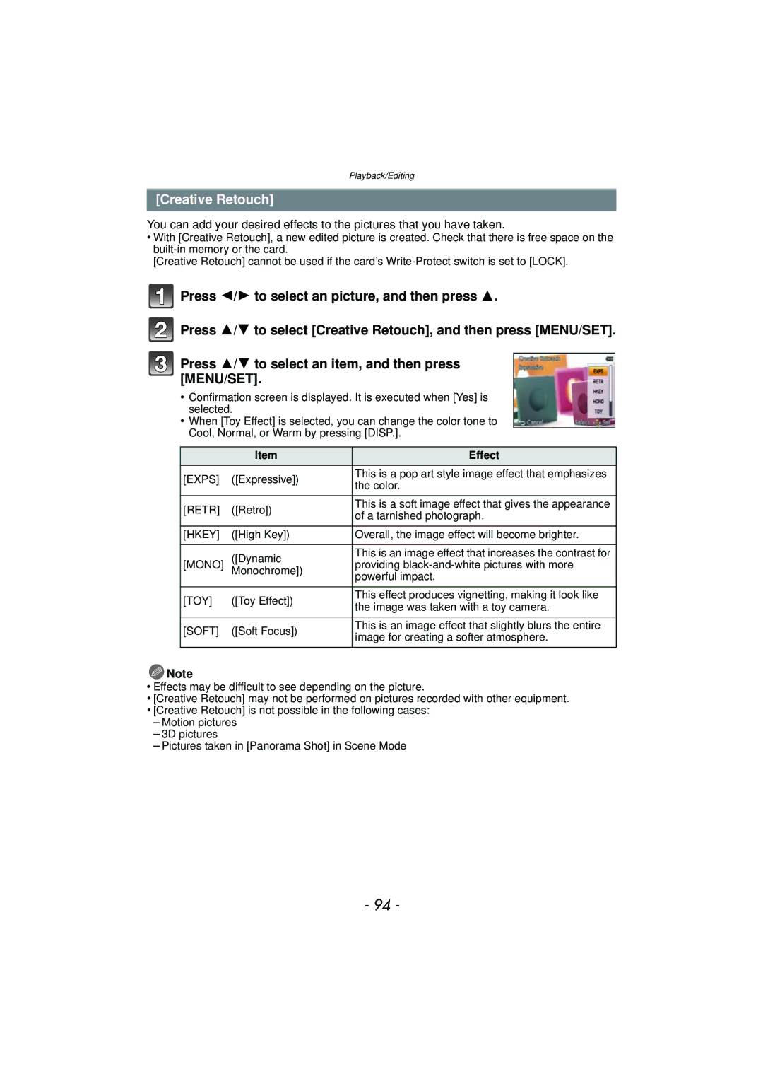 Panasonic DMC-SZ7 owner manual Creative Retouch, Effect 