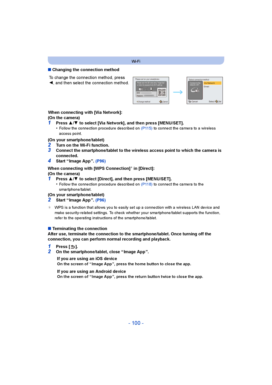 Panasonic DMC-SZ8 100, Changing the connection method, On your smartphone/tablet Start Image App. P96 