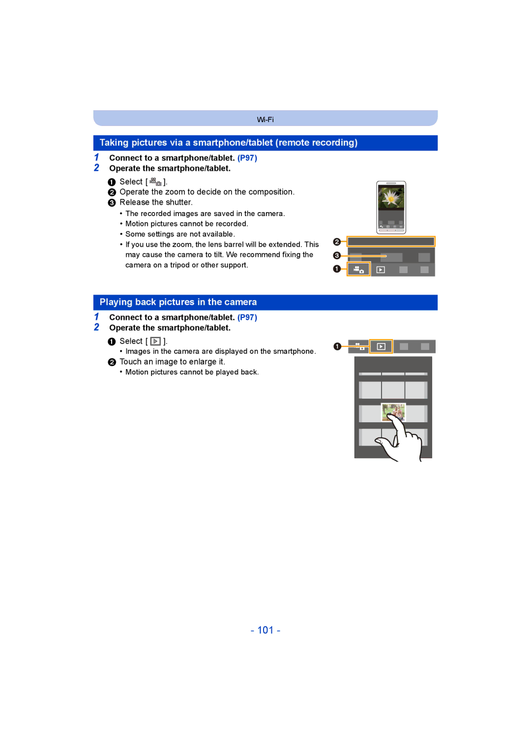 Panasonic DMC-SZ8 101, Taking pictures via a smartphone/tablet remote recording, Playing back pictures in the camera 