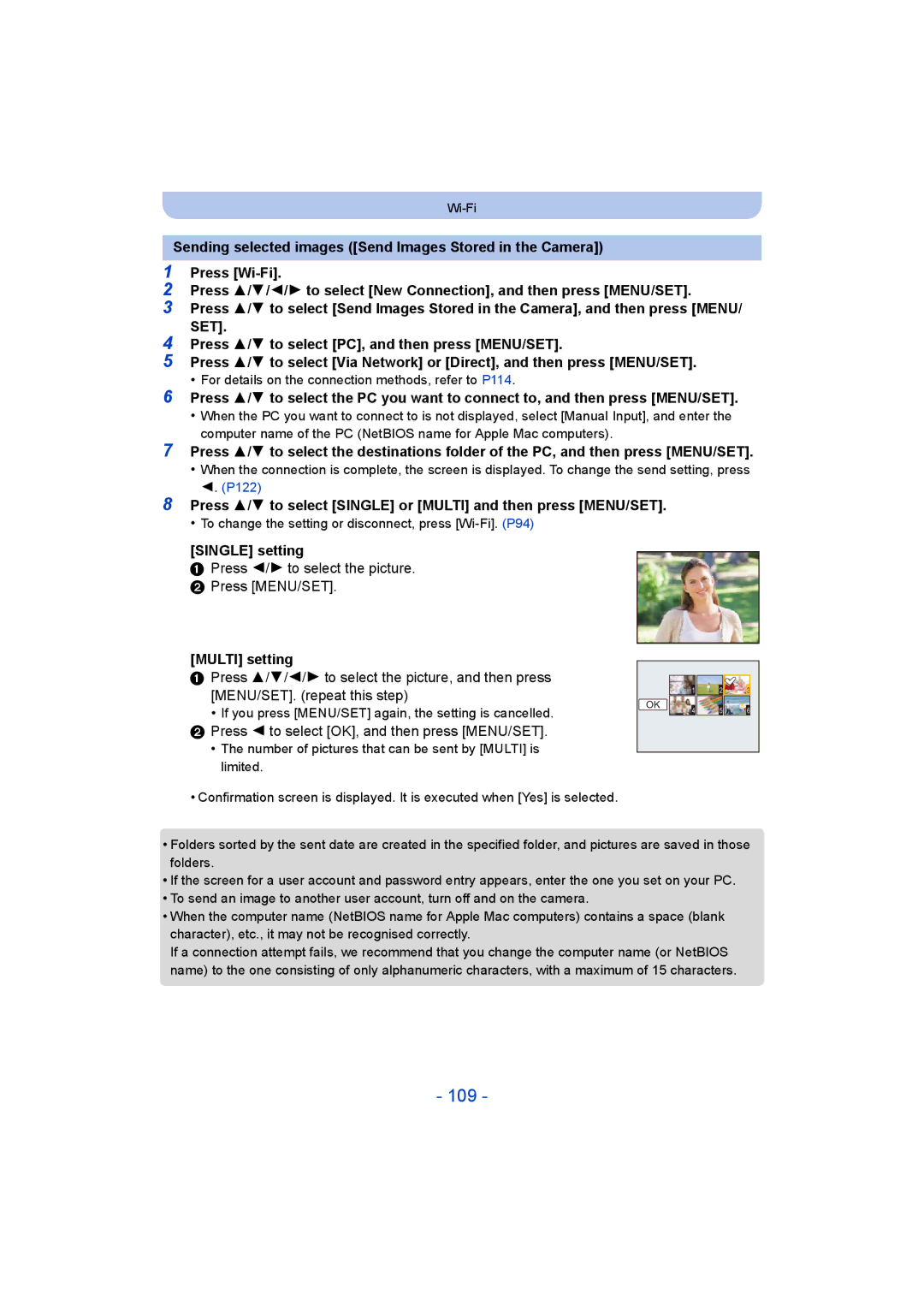 Panasonic DMC-SZ8 operating instructions 109, Press 3/4 to select Single or Multi and then press MENU/SET 