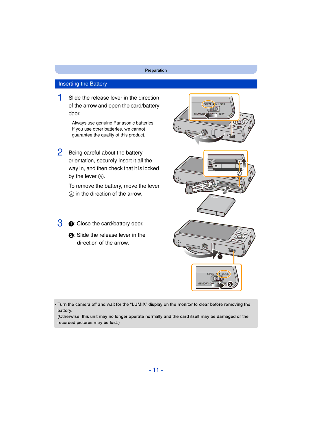 Panasonic DMC-SZ8 operating instructions Inserting the Battery 