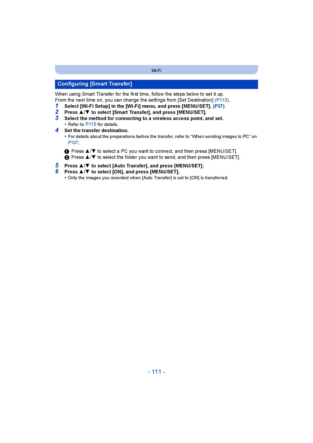 Panasonic DMC-SZ8 operating instructions 111, Configuring Smart Transfer, Set the transfer destination 