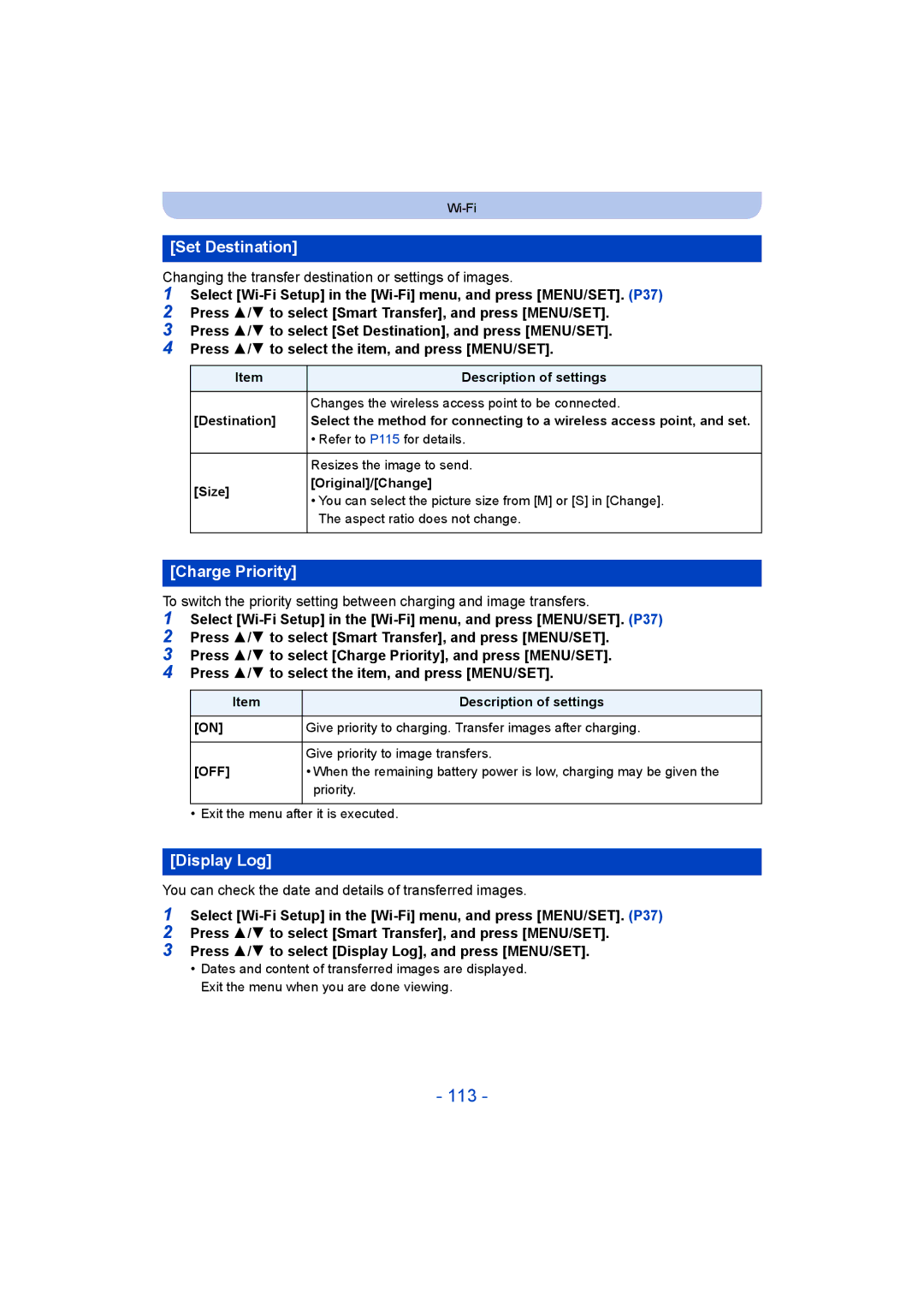 Panasonic DMC-SZ8 operating instructions 113, Set Destination, Charge Priority, Display Log 