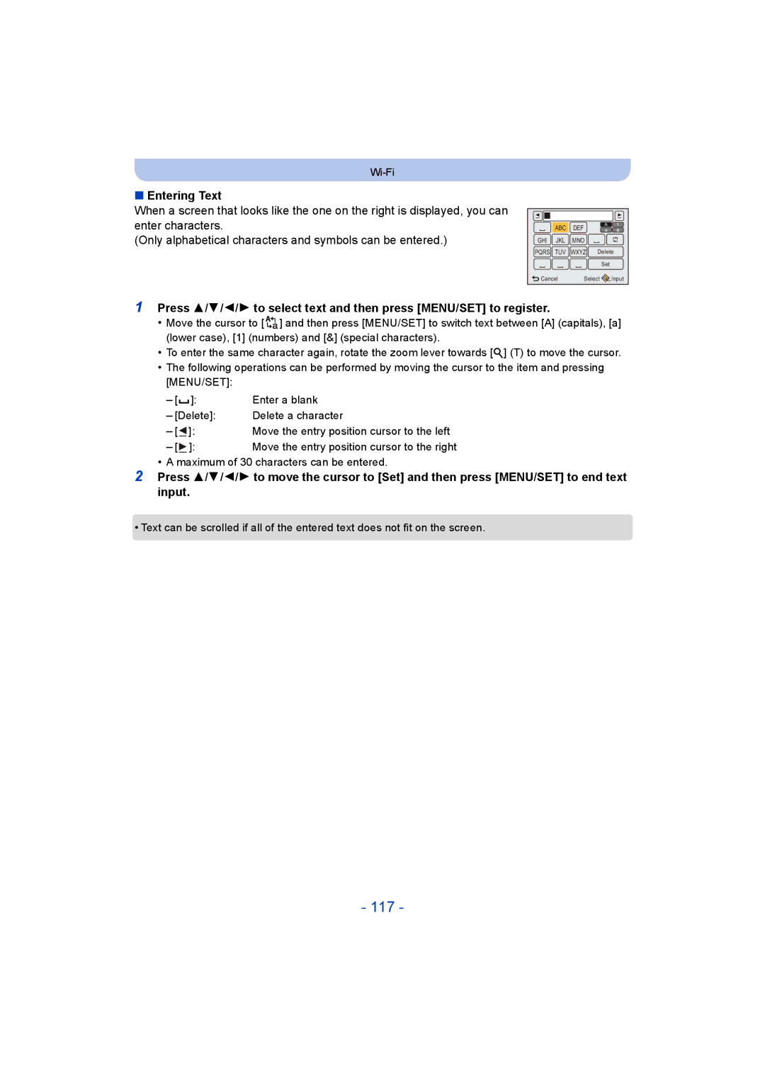 Panasonic DMC-SZ8 operating instructions 117, Entering Text 