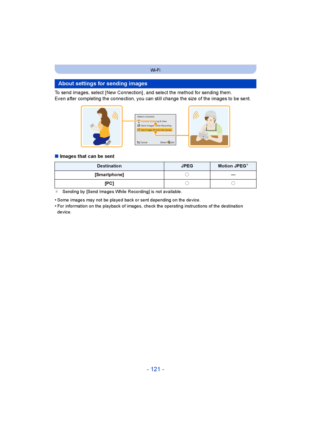 Panasonic DMC-SZ8 121, About settings for sending images, Images that can be sent, Motion JPEG¢, Smartphone 