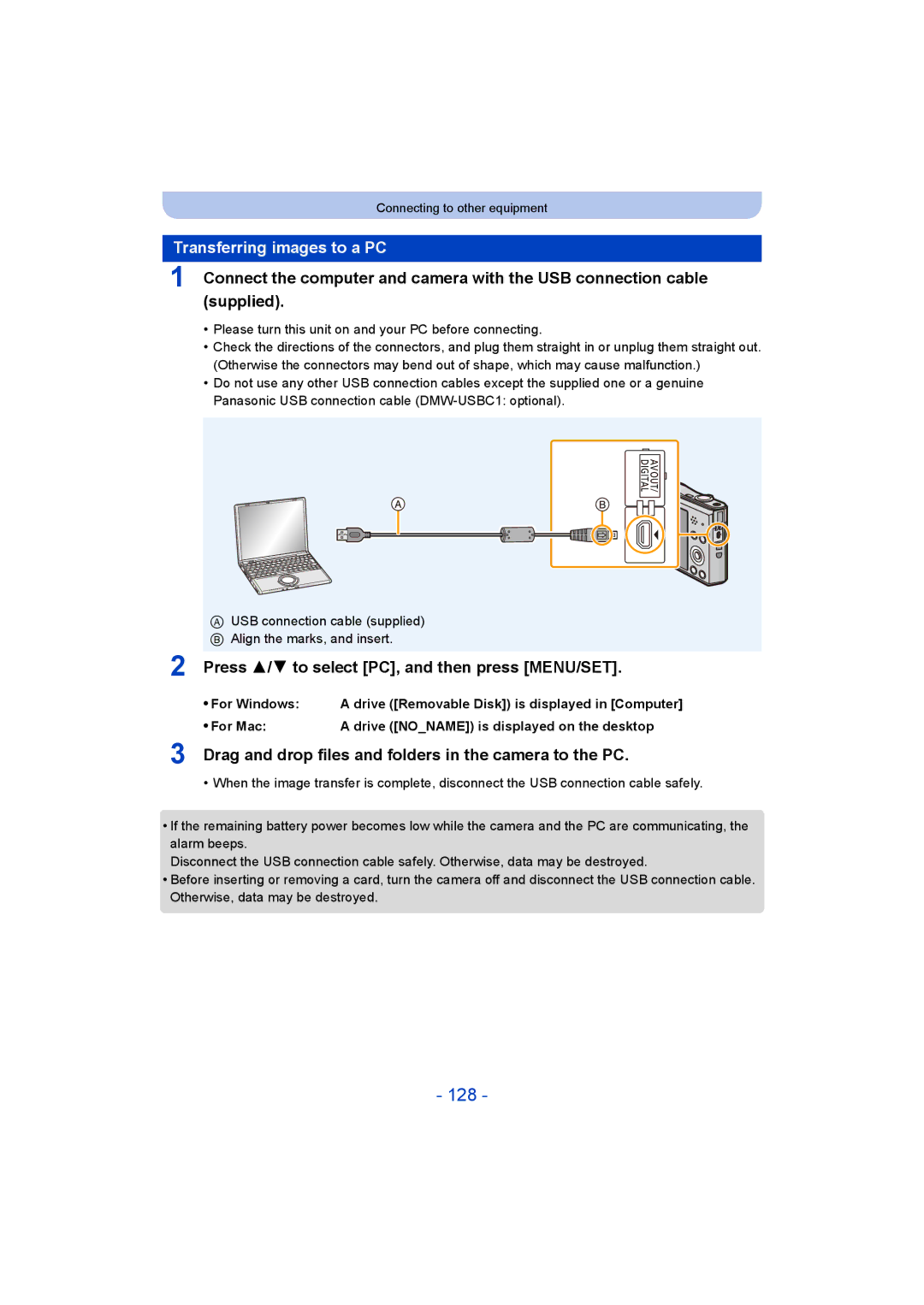 Panasonic DMC-SZ8 operating instructions 128, Transferring images to a PC, Press 3/ 4 to select PC, and then press MENU/SET 