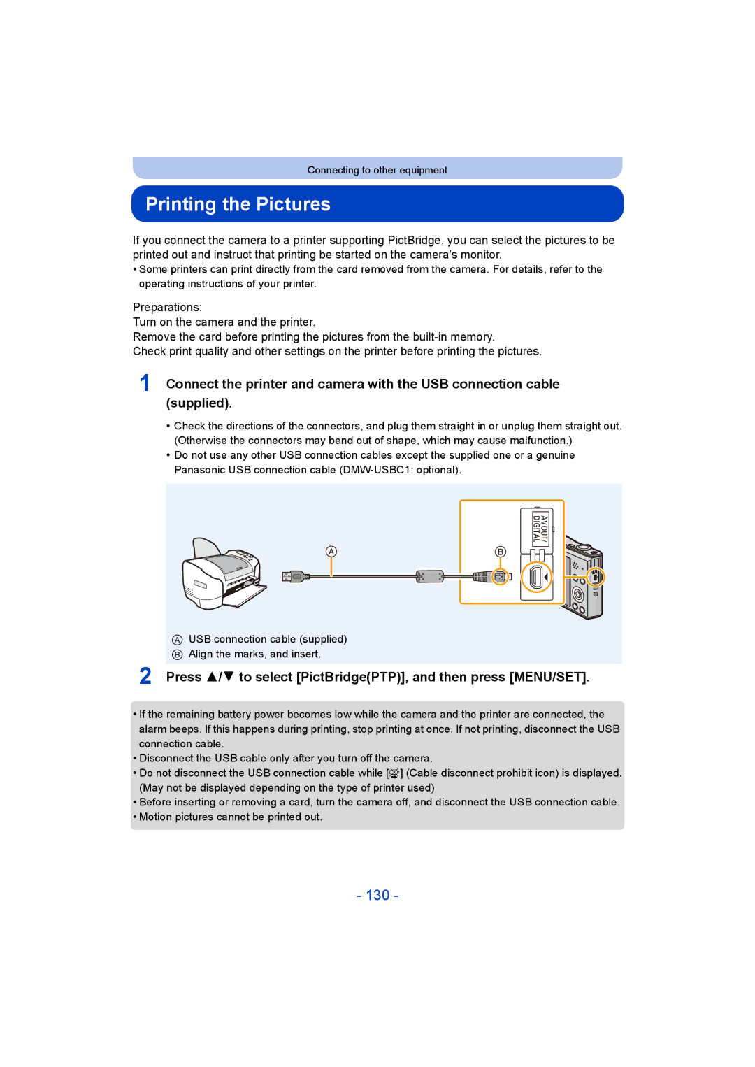 Panasonic DMC-SZ8 Printing the Pictures, 130, Press 3/4 to select PictBridgePTP, and then press MENU/SET 