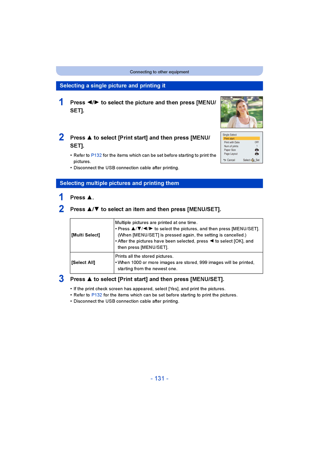 Panasonic DMC-SZ8 131, Selecting a single picture and printing it, Selecting multiple pictures and printing them 