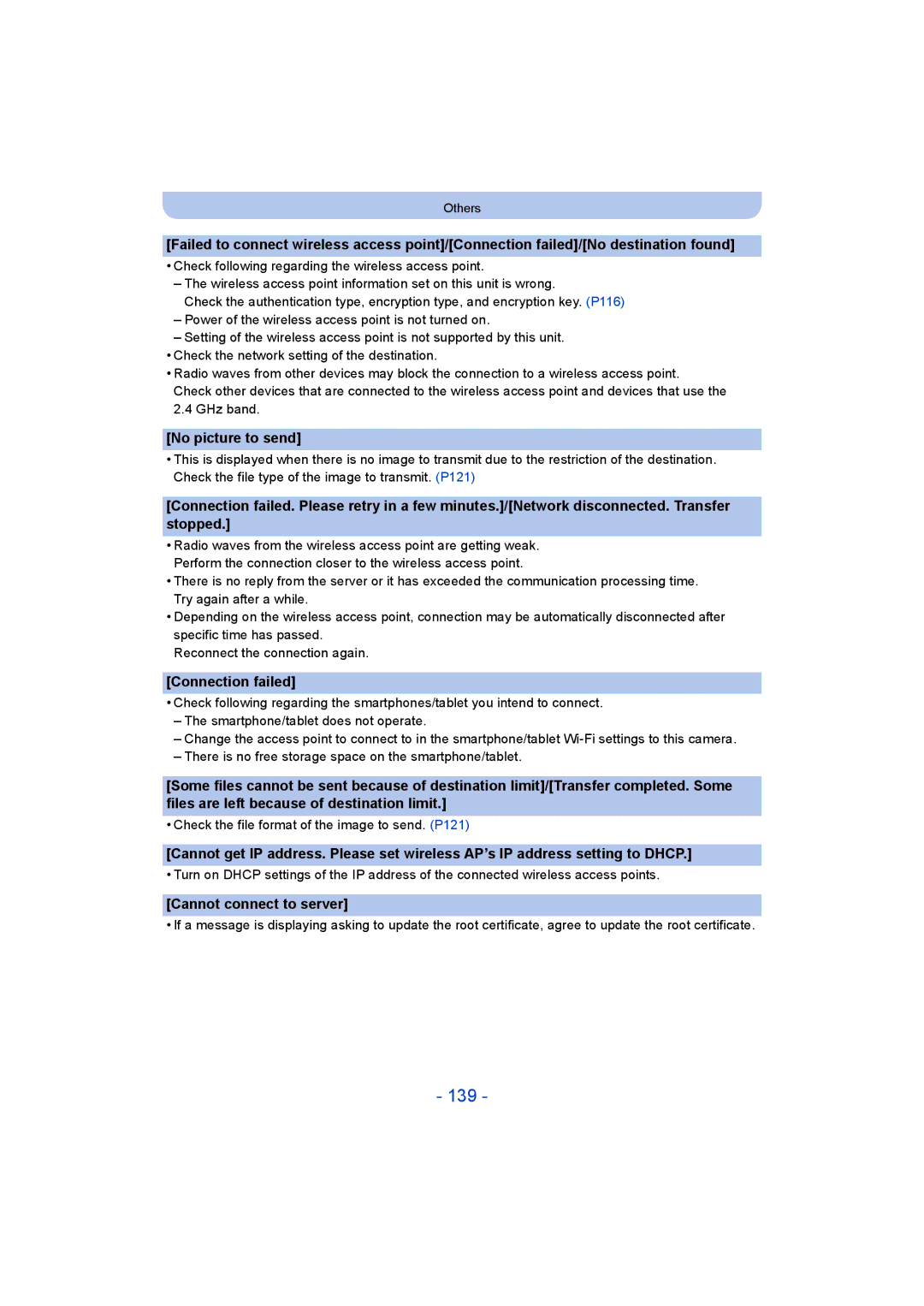 Panasonic DMC-SZ8 operating instructions 139, No picture to send, Connection failed, Cannot connect to server 