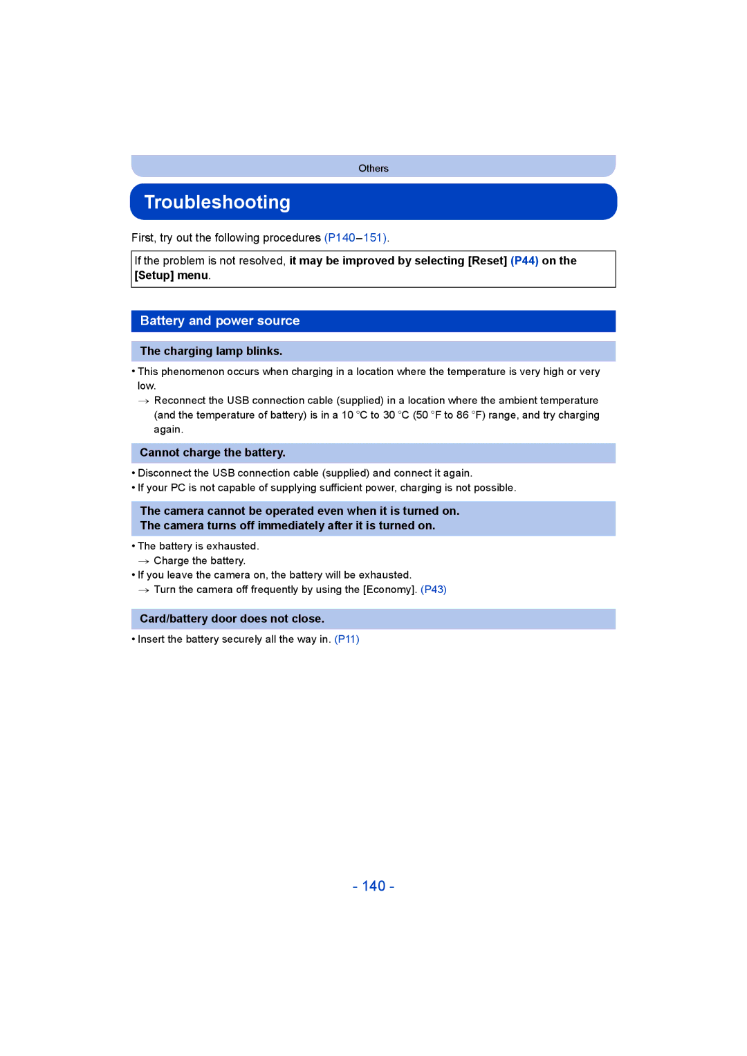 Panasonic DMC-SZ8 operating instructions Troubleshooting, 140, Battery and power source 