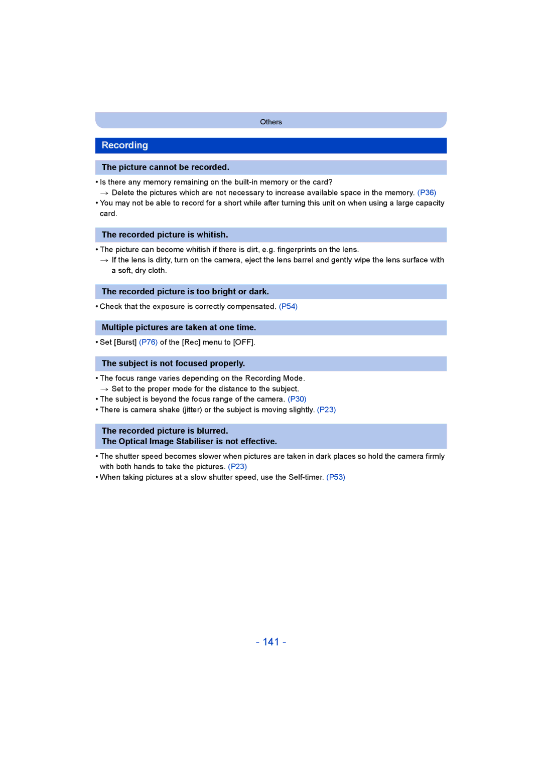 Panasonic DMC-SZ8 operating instructions 141, Recording 