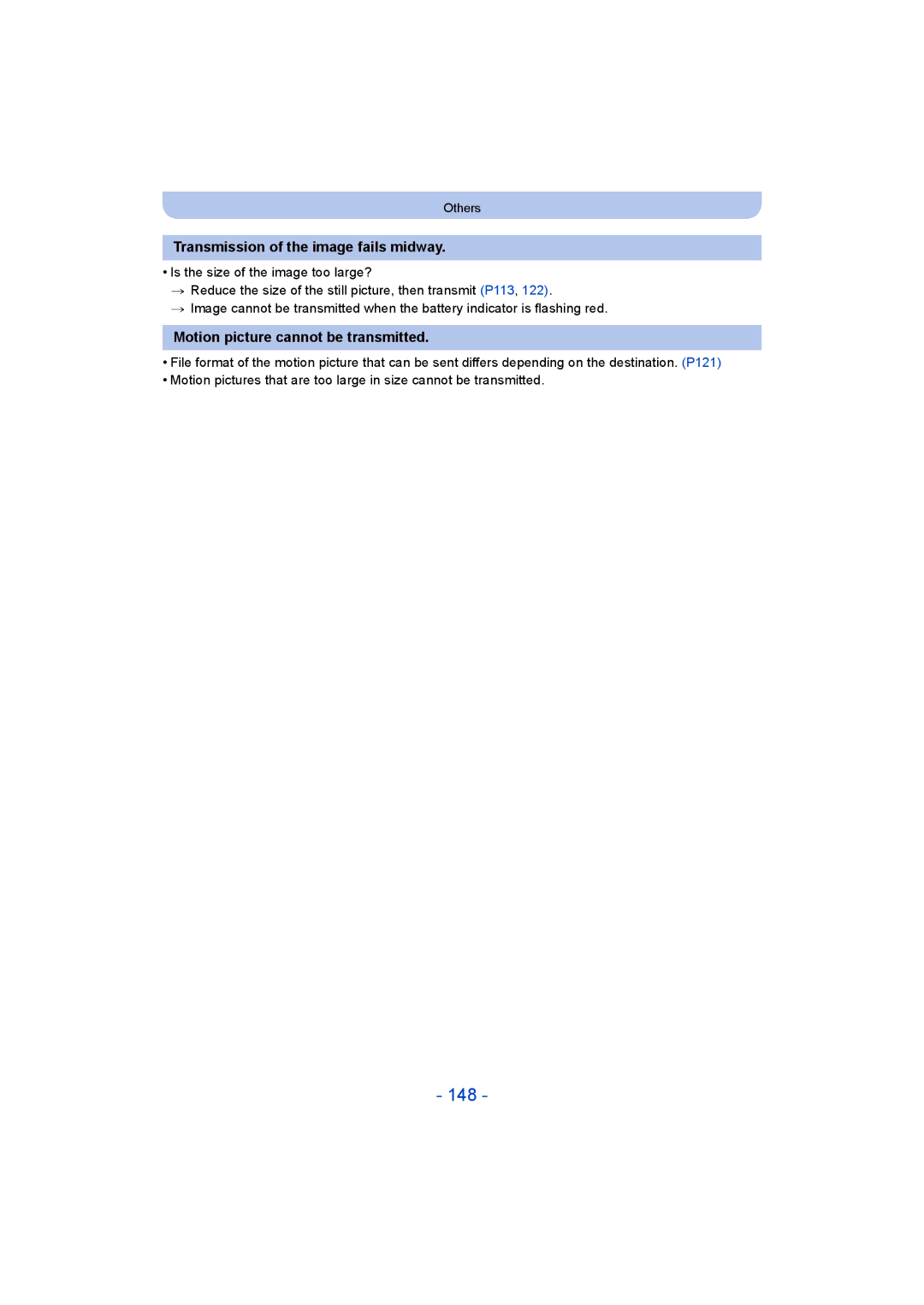 Panasonic DMC-SZ8 operating instructions 148, Transmission of the image fails midway, Motion picture cannot be transmitted 