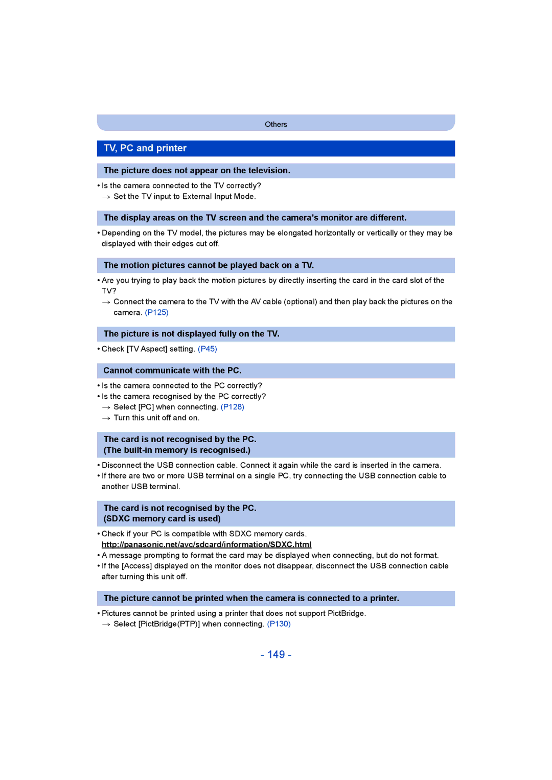 Panasonic DMC-SZ8 operating instructions 149, TV, PC and printer 