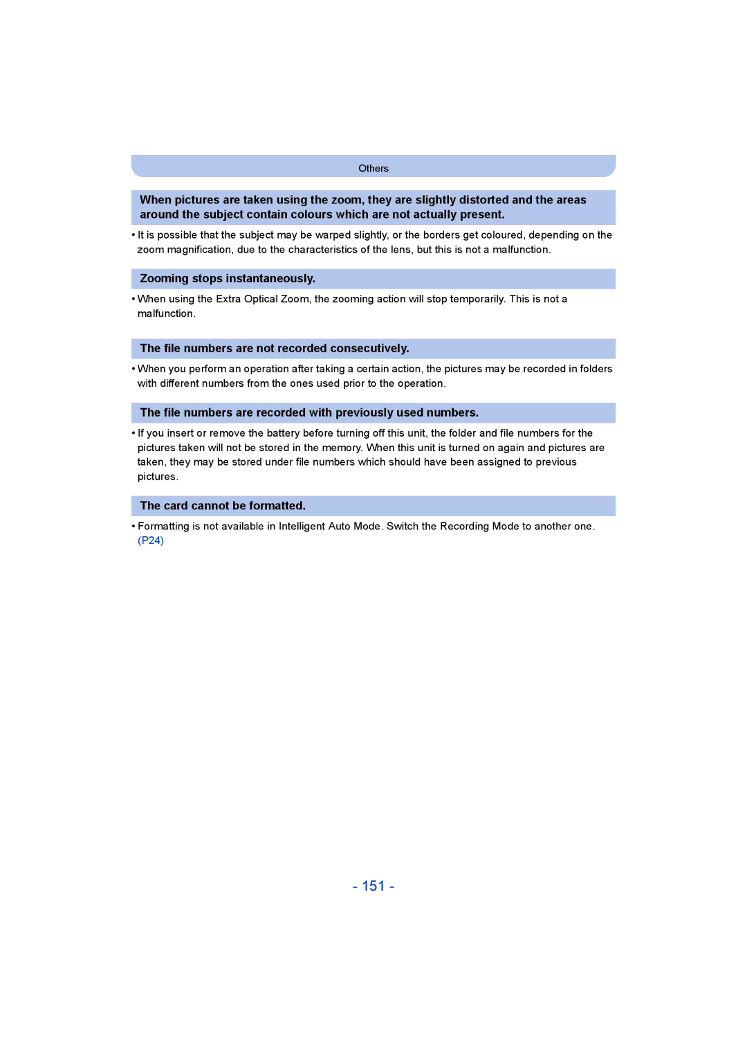 Panasonic DMC-SZ8 operating instructions 151, Zooming stops instantaneously, File numbers are not recorded consecutively 