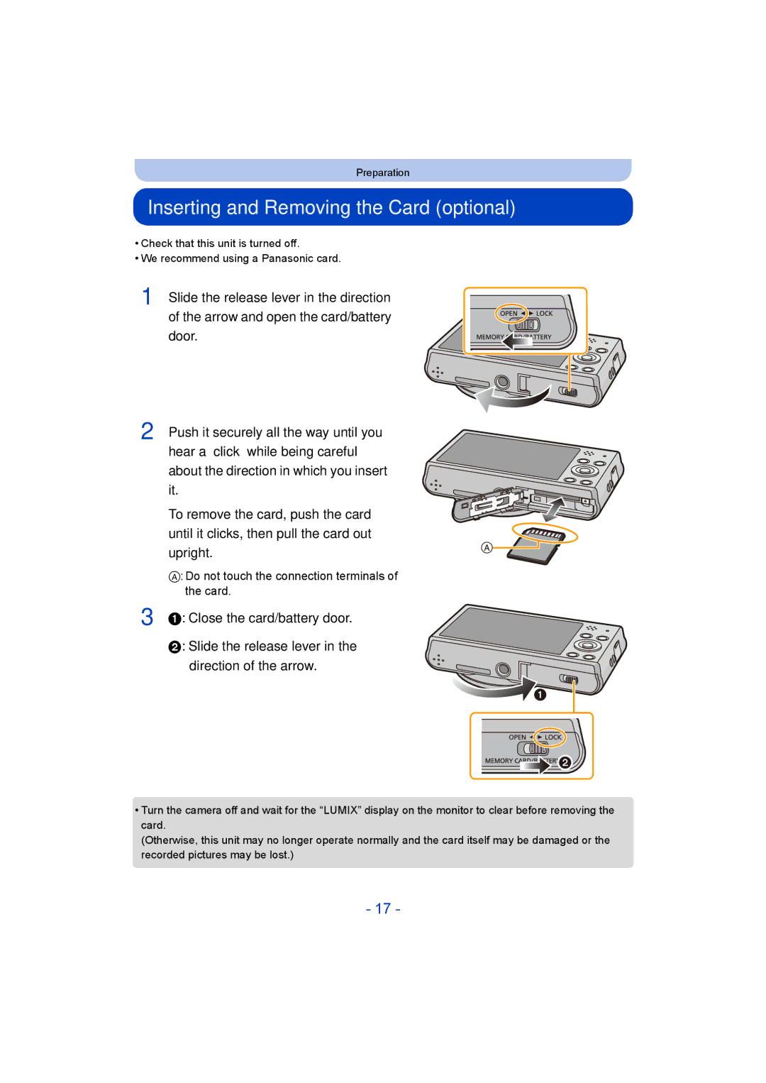 Panasonic DMC-SZ8 Inserting and Removing the Card optional, Do not touch the connection terminals of the card 