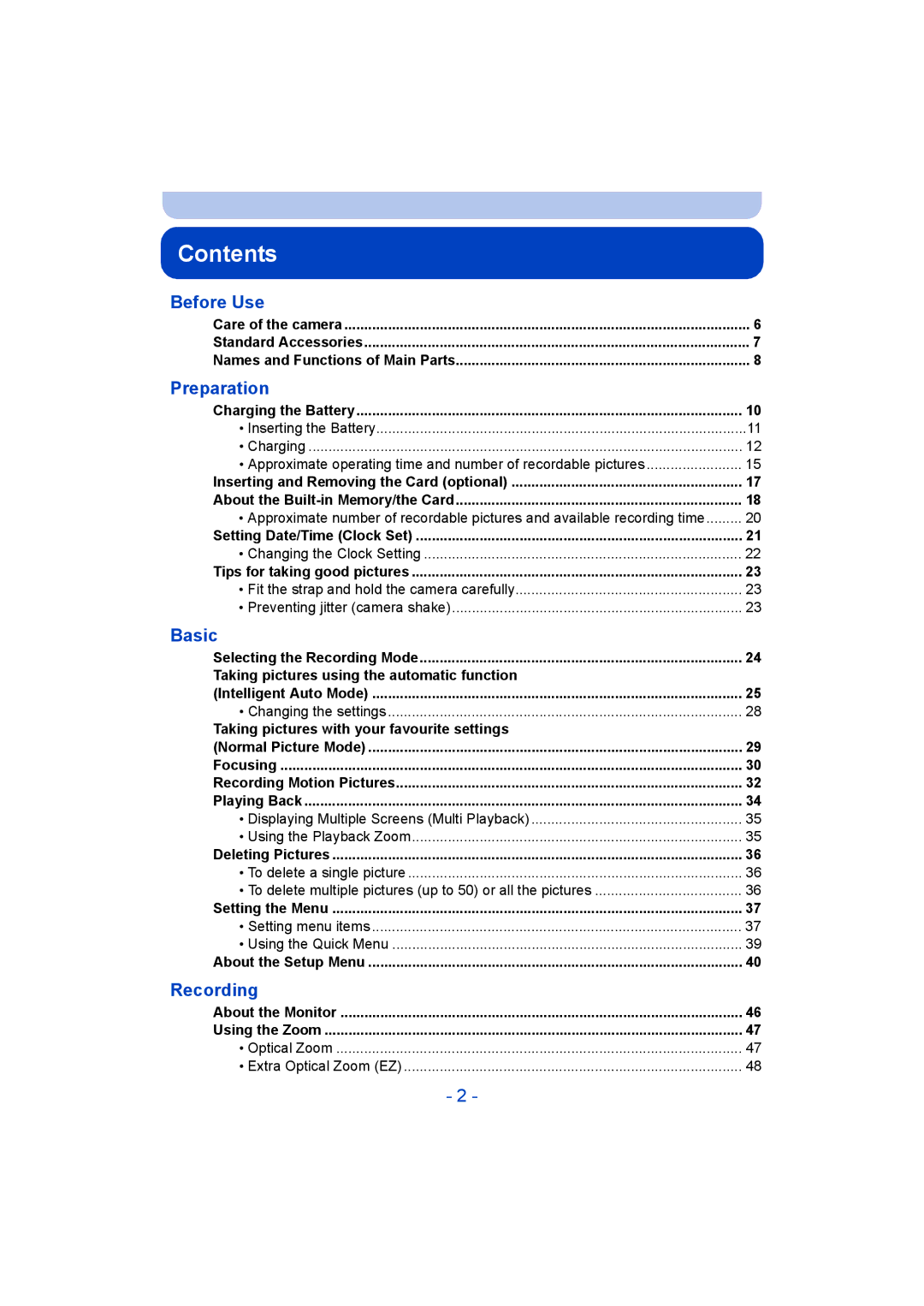 Panasonic DMC-SZ8 operating instructions Contents 