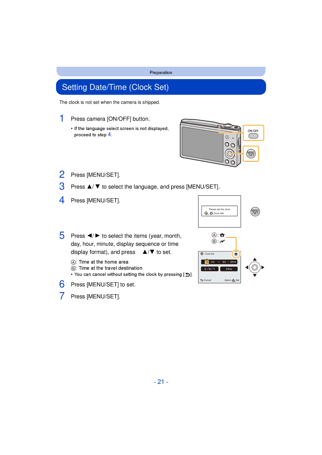 Panasonic DMC-SZ8 operating instructions Setting Date/Time Clock Set, Press camera ON/OFF button, Press MENU/SET to set 